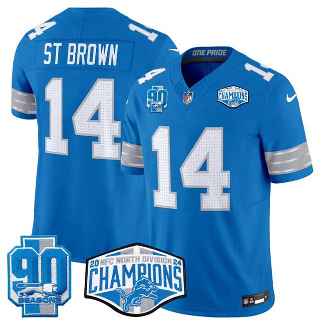 Men%27s Detroit Lions #14 Amon-Ra St. Brown Blue 2024 NFC North Champions 90th Anniversary Patch F.U.S.E. Vapor Limited Stitched Jersey